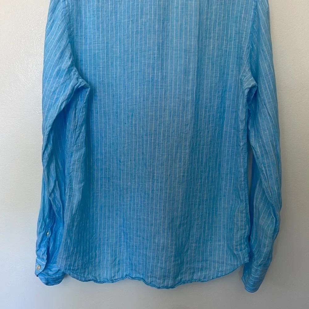 XACUS | 100% Linen Made in Italy Blue Stripe Button Down Resort Shirt 15 3/4 40 - Picture 7 of 9